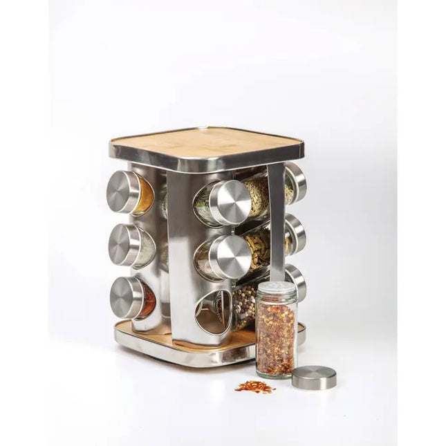 Estante giratorio para especias de bambú de acero inoxidable de 12 piezas - 189583