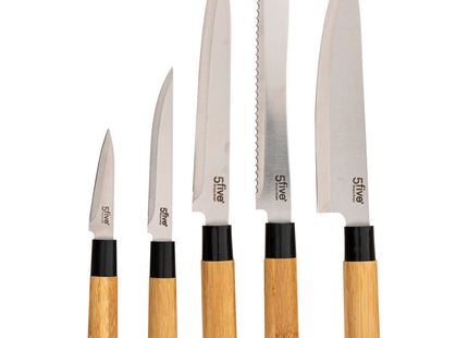 Bloque de 5 cuchillos y 5 utensilios negros en bambú - 189690