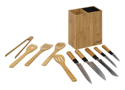 Bloque de 5 cuchillos y 5 utensilios negros en bambú - 189690