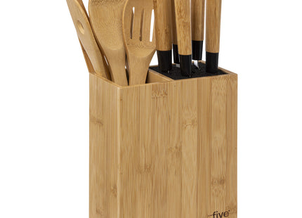 Bloque de 5 cuchillos y 5 utensilios negros en bambú - 189690