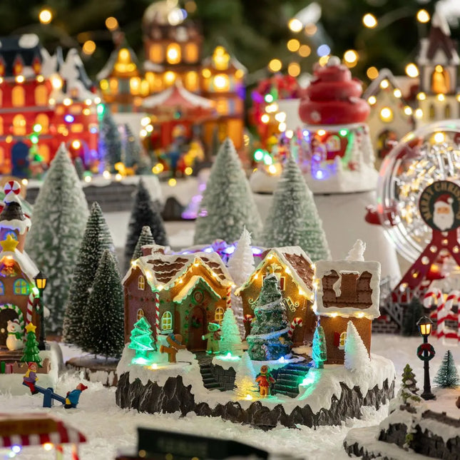 Pueblo navideño de jengibre animado/musical con 25 LED y transformador