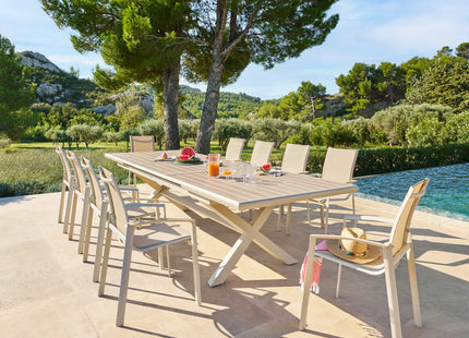 Mesa de jardín extensible "AXIOME" efecto madera de lino y arcilla + 10 sillas - 196846A
