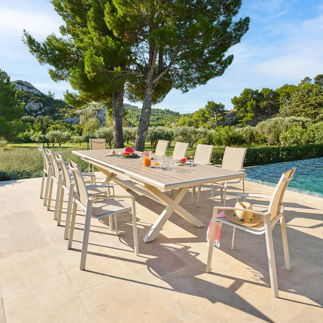 Mesa de jardín extensible "AXIOME" efecto madera de lino y arcilla + 10 sillas - 196846A