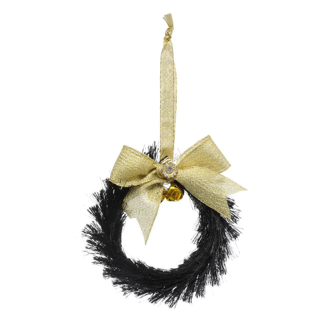 Deco navideña D10cm corona de plástico negro y dorado - 198811