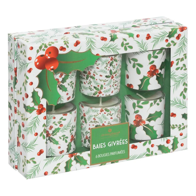 Set de 6 velas perfumadas de 40gr con tarro de cristal estampado de acebo - 199125