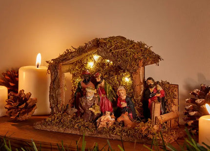 Pesebre de Belén navideño LED con 7 figuras, 20x13 cm, resina y madera - 199369