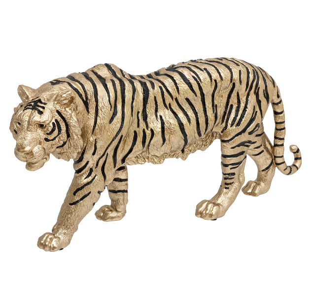 Estatua de tigre "Tocador tropical" de resina dorada L66cm - 200839