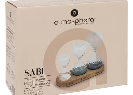 Set de 3 relojes de arena de vidrio con soporte de madera 10/12/14cm - 203943