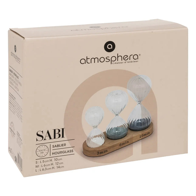 Set de 3 relojes de arena de vidrio con soporte de madera 10/12/14cm - 203943