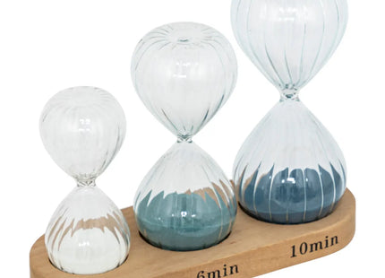 Set de 3 relojes de arena de vidrio con soporte de madera 10/12/14cm - 203943