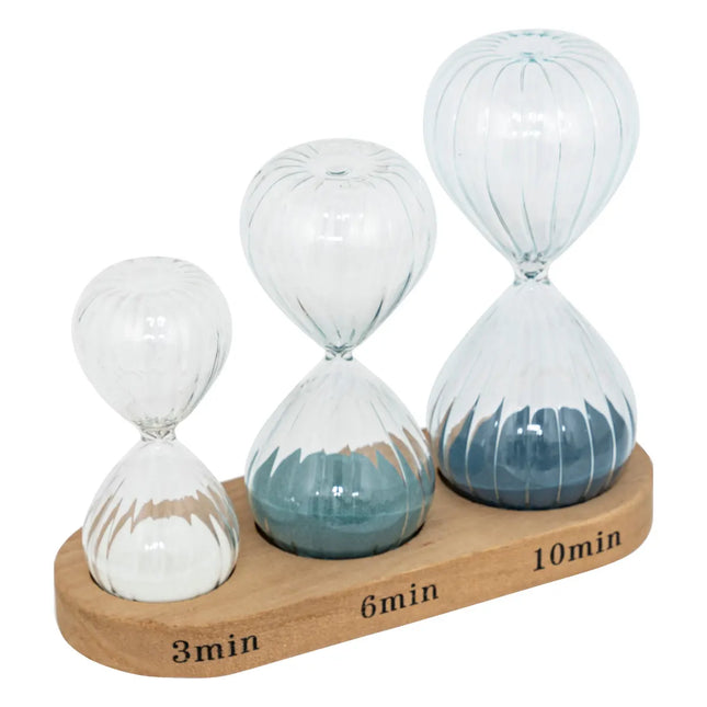 Set de 3 relojes de arena de vidrio con soporte de madera 10/12/14cm - 203943
