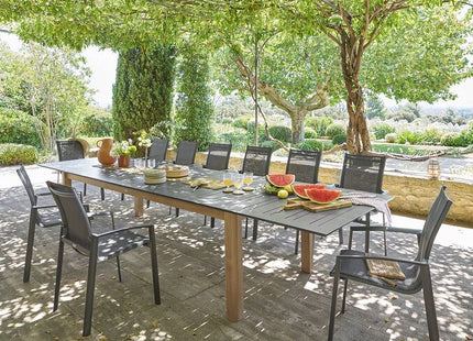 Mesa de jardín rectangular extensible "Miceira" color grafito y miel + 14 personas - 205082