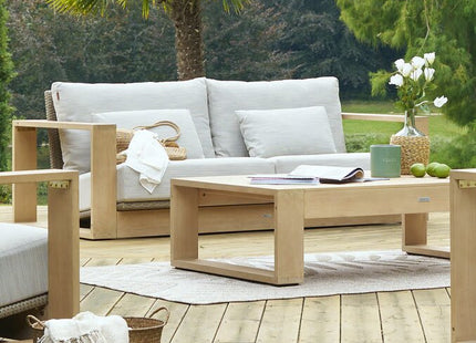 Sofá de jardín LOEVO + 2 sillones + 1 mesita de  Eucalipto y Gris 3 plazas  - 205207