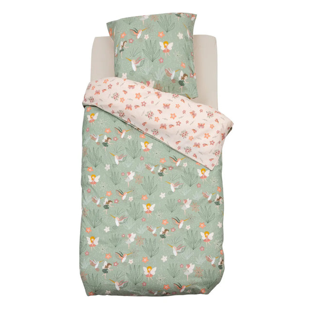 Set de cama infantil de 2 piezas con diseño de hadas "Abril" en algodón verde 140x200cm - 205817