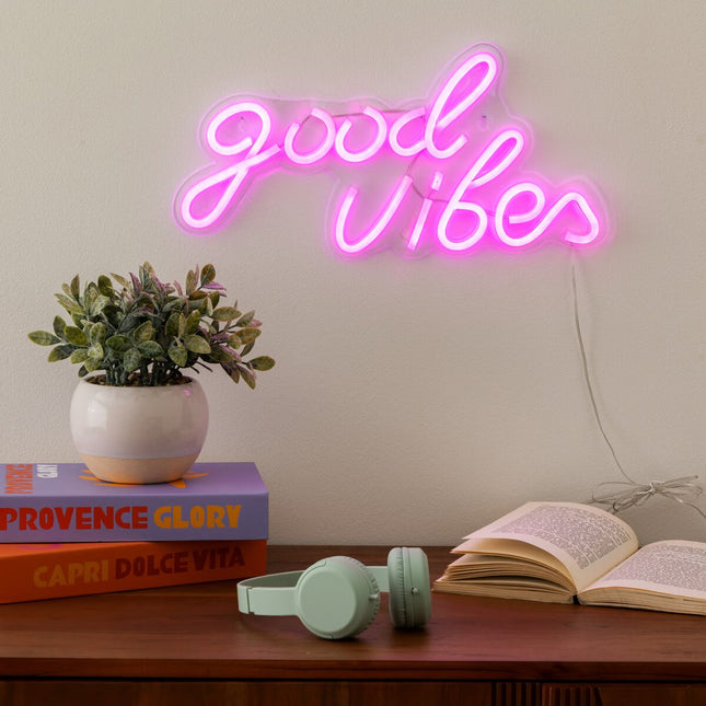Tubo de neón LED de pared "Good vibes" rosa L 40,5cm - 205960