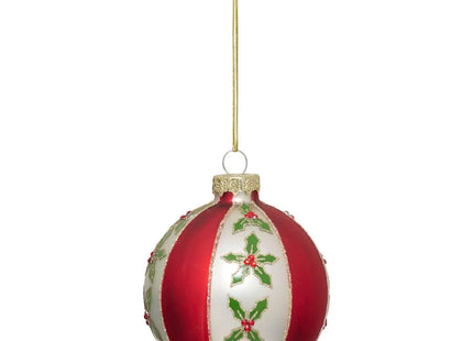 Bola navideña de cristal con decoración de acebo D.8cm rojo y blanco - 207740