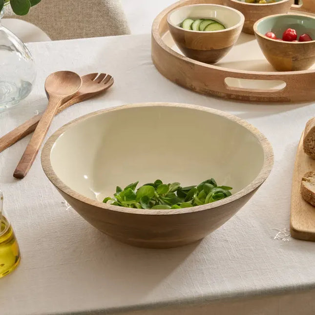 Ensaladera  "Inaya" de 30 cm de diámetro, madera blanco y de mango - 212208B