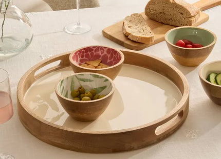 Bandeja redonda "Inaya" 38 cm de diámetro, blanco cálido y madera de mango - 212211B