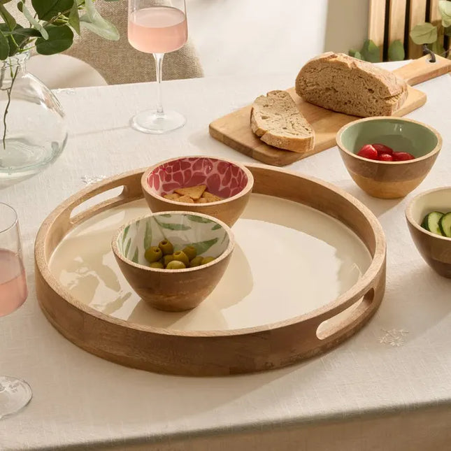 Bandeja redonda "Inaya" 38 cm de diámetro, blanco cálido y madera de mango - 212211B