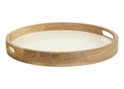 Bandeja redonda "Inaya" 38 cm de diámetro, blanco cálido y madera de mango - 212211B