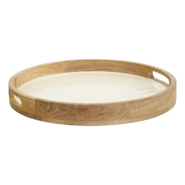 Bandeja redonda "Inaya" 38 cm de diámetro, blanco cálido y madera de mango - 212211B