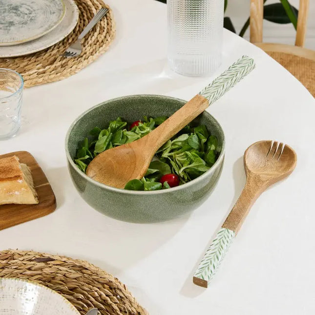 Cubiertos para ensalada "Inaya" de madera verde oliva y de mango - 212212C