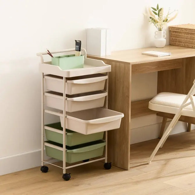 Torre de almacenamiento "Deskolor" de 5 cajones con ruedas beige y verdes - 212750