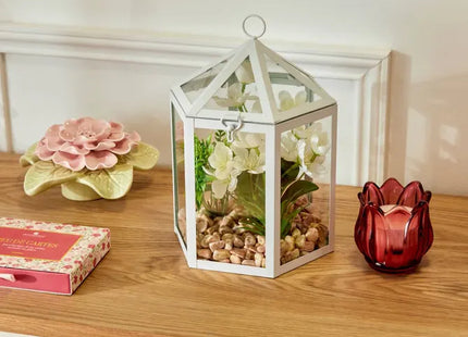 Terrario con flores artificiales blancas, 23 cm de alto - 214020