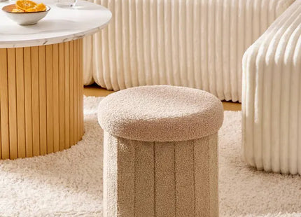 Puf plegable "Jaiko" con almacenamiento, en tejido bouclé beige, 32x38cm - 214224