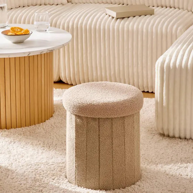 Puf plegable "Jaiko" con almacenamiento, en tejido bouclé beige, 32x38cm - 214224