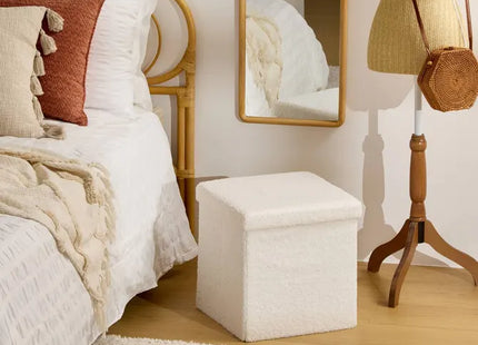 Puf plegable "Jaiko" con almacenamiento, en tejido bouclé blanco, 38x38cm - 214225