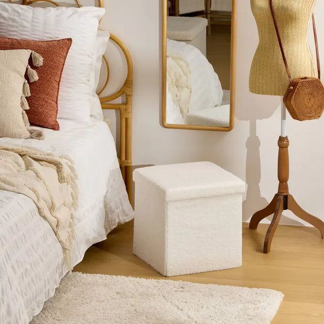 Puf plegable "Jaiko" con almacenamiento, en tejido bouclé blanco, 38x38cm - 214225
