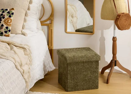 Puf plegable "Jaiko" con almacenamiento, en tejido bouclé caqui, 38x38cm - 214227C