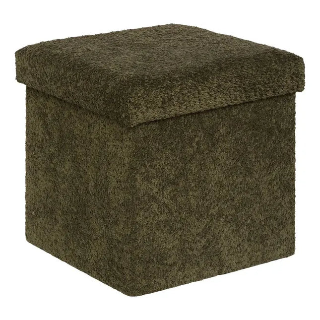 Puf plegable "Jaiko" con almacenamiento, en tejido bouclé caqui, 38x38cm - 214227C