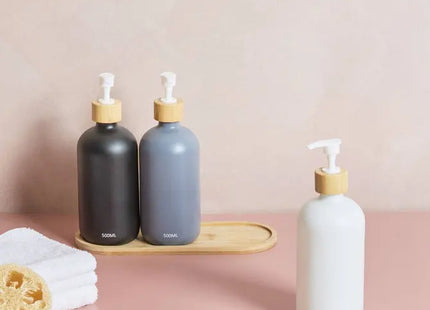 Juego de 3 distribuidores de jabón de 500 ml con bandeja de bambú - 214782