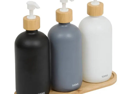 Juego de 3 distribuidores de jabón de 500 ml con bandeja de bambú - 214782