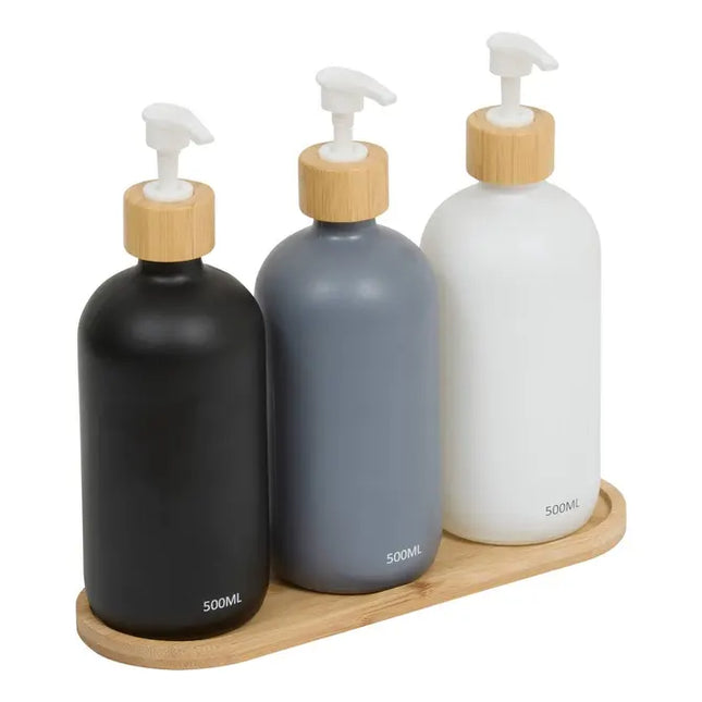Juego de 3 distribuidores de jabón de 500 ml con bandeja de bambú - 214782