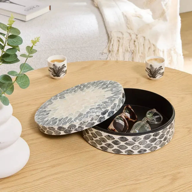 Caja decorativa "Sheila" 25,5 cm de diámetro, gris nacarado -  215241