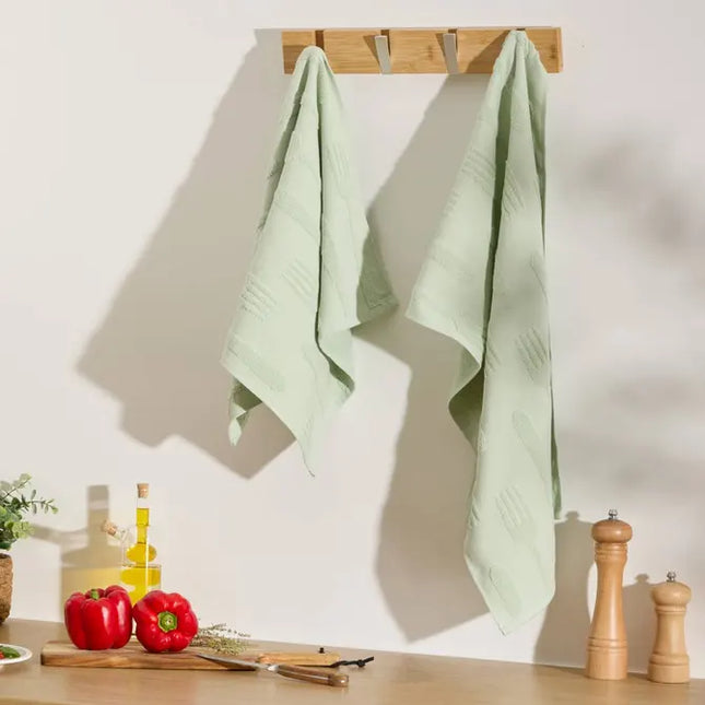 Juego de 2 paños de cocina con textura de gofre, 70x45 cm, algodón verde celadón - 215374B