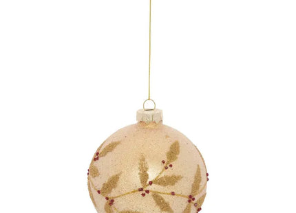 Bola de Navidad de cristal con cuentas doradas y acebo, 8cm de diámetro - 216327