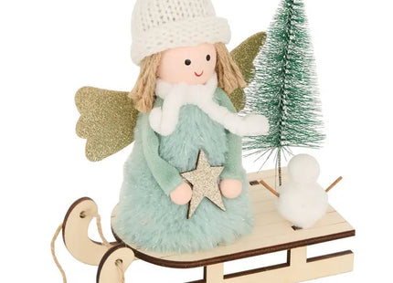 Ángel navideño verde y blanco en un trineo, 18 cm de alto - 216774