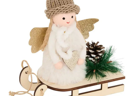 Ángel navideño verde y blanco en un trineo, 18 cm de alto - 216774