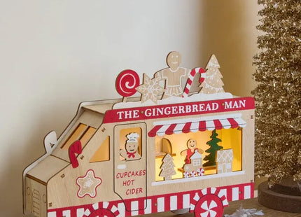 Camión navideño de madera con luces LED, 28 cm de largo, funciona con pilas - 218378