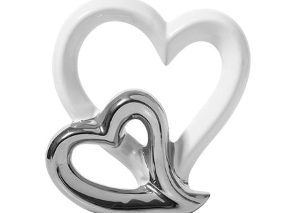 Decorativo "Doble corazón" de cerámica blanca y plateada - 31437