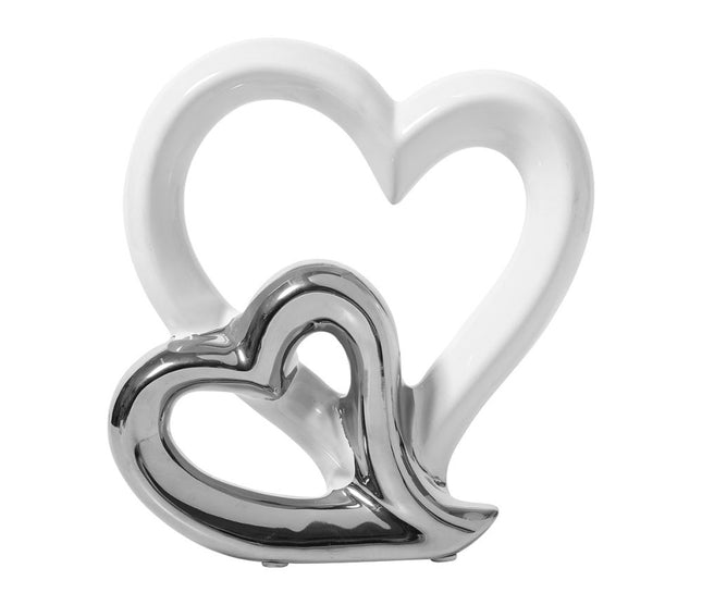 Decorativo "Doble corazón" de cerámica blanca y plateada - 31437