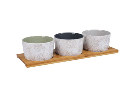 Set de aperitivo 3 piezas de loza "Ginkgo" + bandeja de bambú - 32844