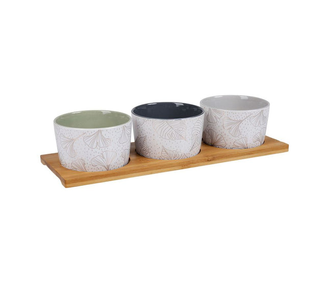 Set de aperitivo 3 piezas de loza "Ginkgo" + bandeja de bambú - 32844