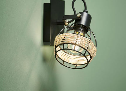 Aplique "Cyrus" de metal negro y ratán 1 pantalla - 35366