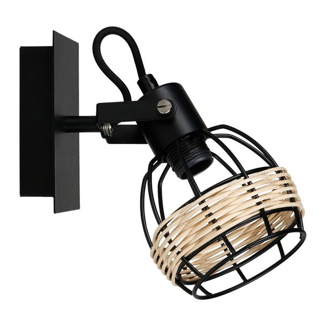 Aplique "Cyrus" de metal negro y ratán 1 pantalla - 35366