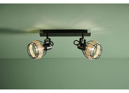 Aplique "Cyrus" de metal negro y ratán 2 pantallas - 35367